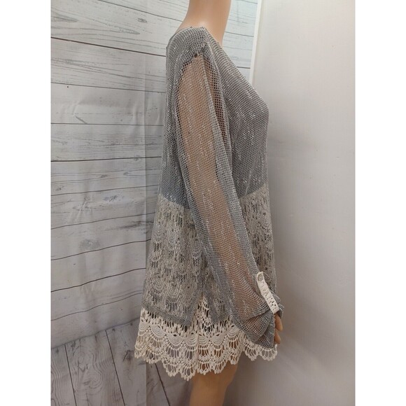 Krazy Kat Gray Ivory Floral 3/4 Puff Sleeve Popover Tunic Top Womens 2X - Picture 4 of 11